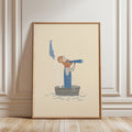 Whimsical nursery wall art featuring a little mouse standing in a handmade toy boat, wearing a paper hat and looking through binoculars toward the horizon, adventure-themed children's illustration.