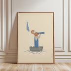 Whimsical nursery wall art featuring a little mouse standing in a handmade toy boat, wearing a paper hat and looking through binoculars toward the horizon, adventure-themed children's illustration.