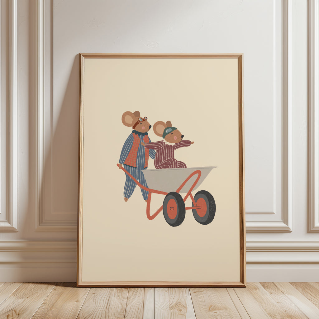 Whimsical nursery wall art featuring two mice wearing aviator goggles, one pushing a wheelbarrow while the other rides inside with arms outstretched, on a soft beige background.