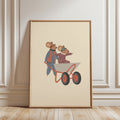 Whimsical nursery wall art featuring two mice wearing aviator goggles, one pushing a wheelbarrow while the other rides inside with arms outstretched, on a soft beige background.