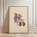 Whimsical nursery wall art featuring two mice wearing aviator goggles, one pushing a wheelbarrow while the other rides inside with arms outstretched, on a soft beige background.
