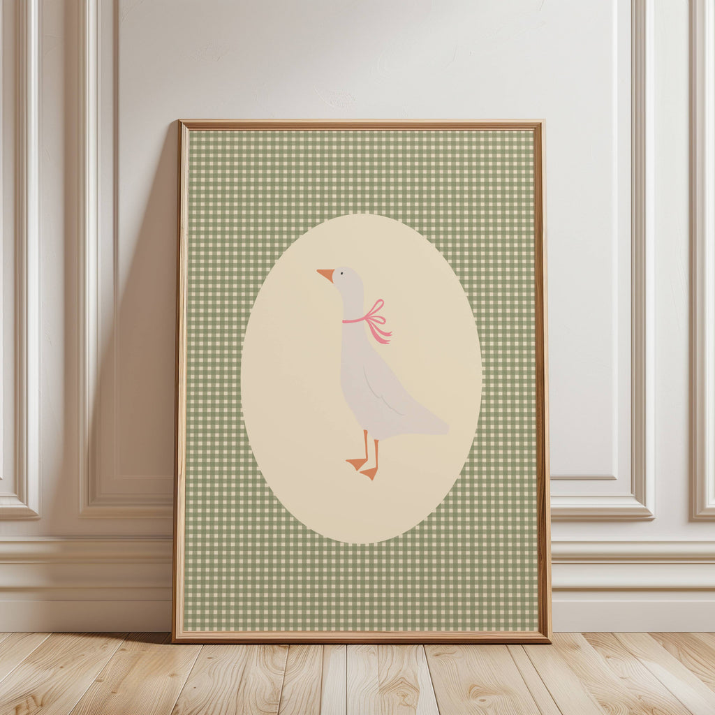 Goose with a bow in an oval frame on a green gingham background, soft classic children’s style