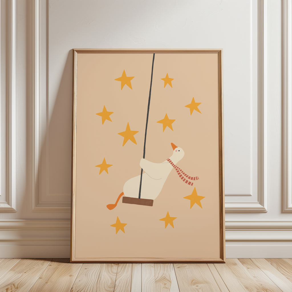 Cute goose swinging on a wooden swing against a light background with soft stars, whimsical nursery wall art in neutral tones for a baby or kids room.