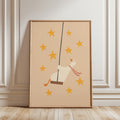 Cute goose swinging on a wooden swing against a light background with soft stars, whimsical nursery wall art in neutral tones for a baby or kids room.