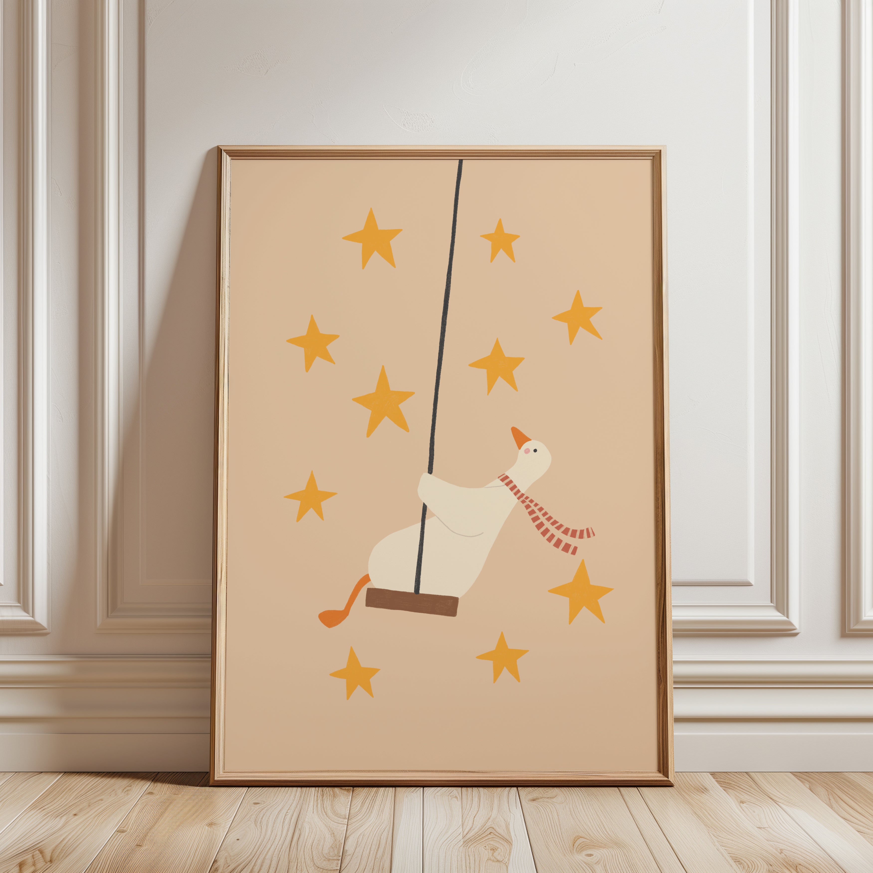 Cute goose swinging on a wooden swing against a light background with soft stars, whimsical nursery wall art in neutral tones for a baby or kids room.