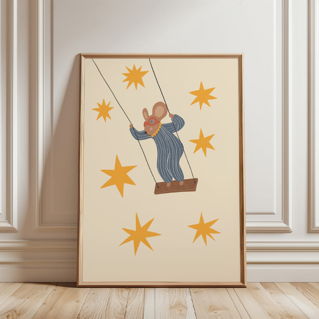 Whimsical mouse on swing nursery wall art featuring cute mouse swinging under starry sky in soft neutral tones