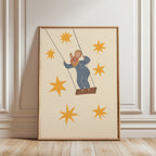 Whimsical mouse on swing nursery wall art featuring cute mouse swinging under starry sky in soft neutral tones