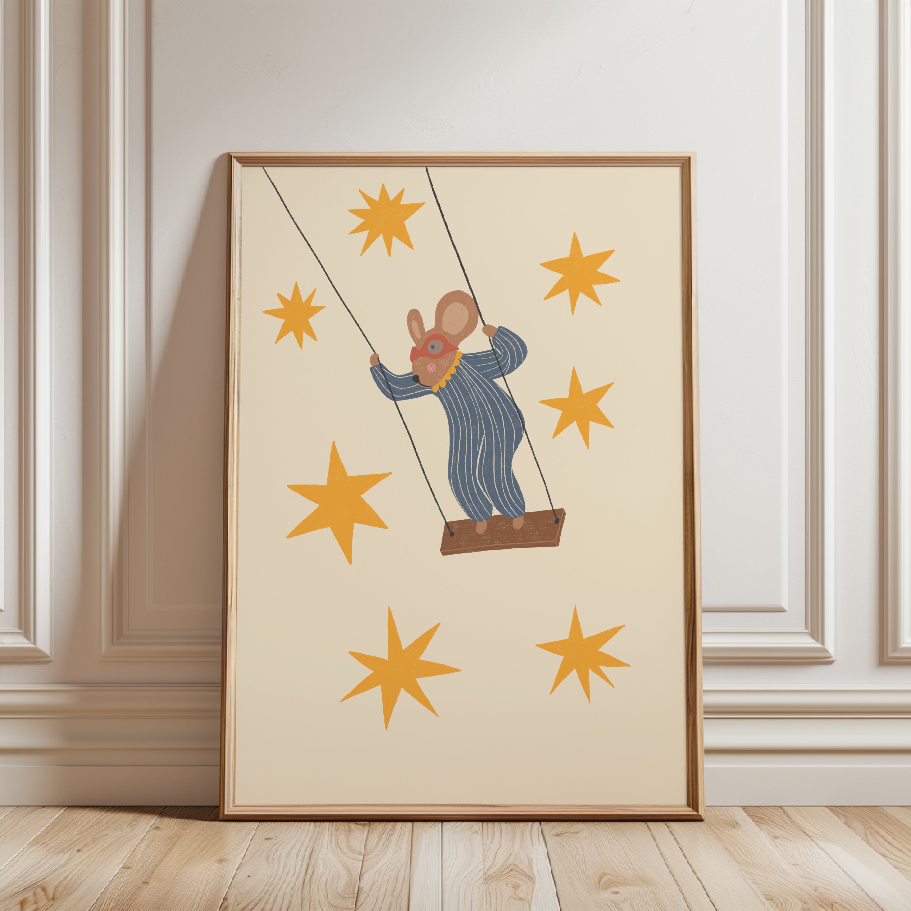 Whimsical mouse on swing nursery wall art featuring cute mouse swinging under starry sky in soft neutral tones