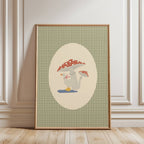 Cute duckling under a mushroom in an oval frame on a green gingham background, soft classic children’s style