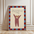 Cute storybook mouse wearing a striped outfit, standing with arms raised and pointing toward the quote "How wonderful life is now you're in the world". Beige background with a blue and burgundy gingham-style border, printable nursery wall art.
