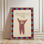 Cute storybook mouse wearing a striped outfit, standing with arms raised and pointing toward the quote "How wonderful life is now you're in the world". Beige background with a blue and burgundy gingham-style border, printable nursery wall art.