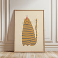 Cute kids wall art featuring a yellow striped cat with blue stripes wearing a small hat, illustrated in a soft minimalist style on a warm beige background, printable digital artwork for nursery, playroom, or kids room decor, designed to create a cozy, calm, and playful interior atmosphere.