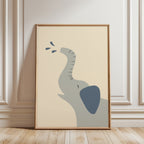 Minimalist safari-style nursery wall art featuring a Scandinavian elephant illustration spraying water, drawn on a soft beige background in a clean modern style, printable digital artwork for safari-themed kids room, nursery, or playroom decor, designed to create a calm, playful, and contemporary interior atmosphere.