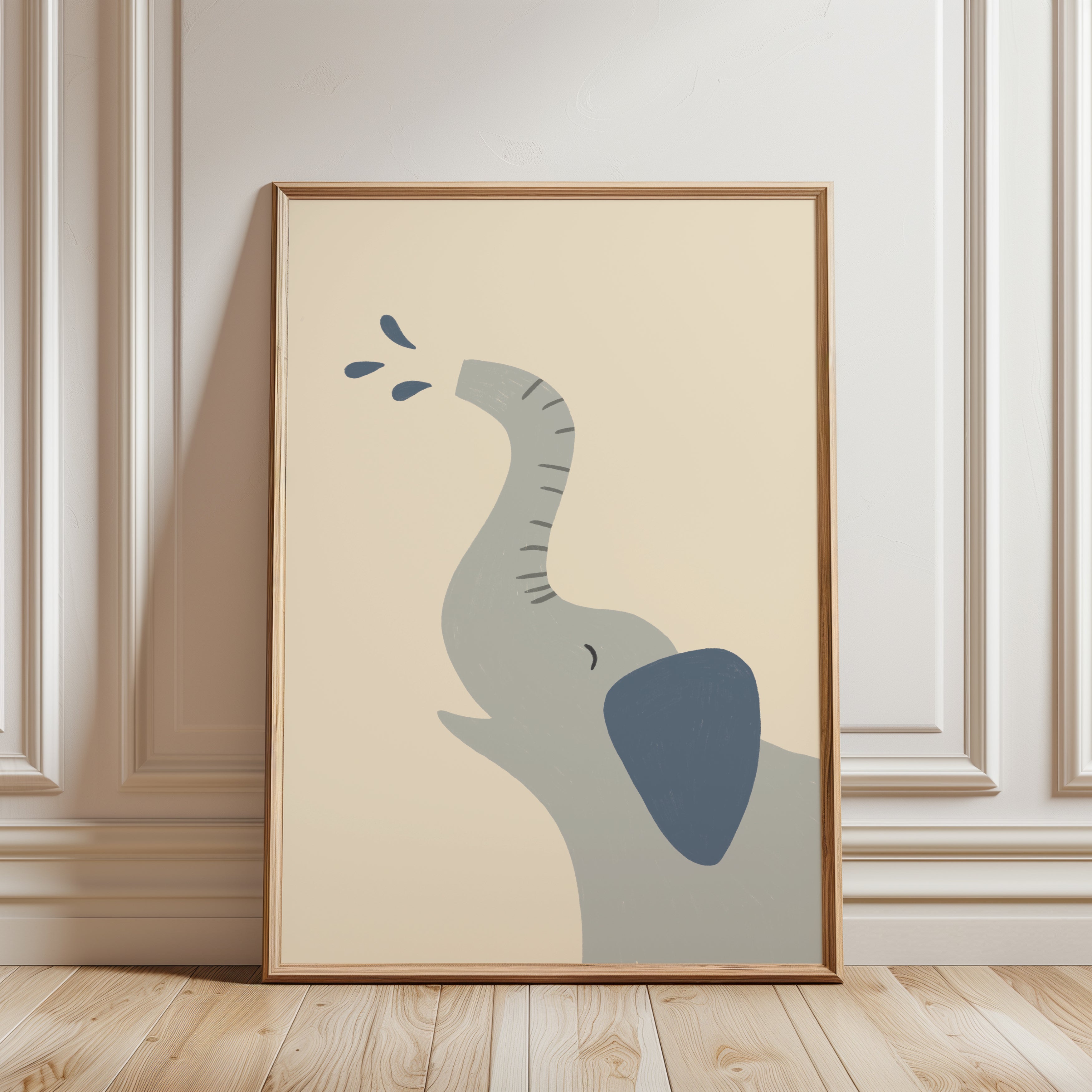 Minimalist safari-style nursery wall art featuring a Scandinavian elephant illustration spraying water, drawn on a soft beige background in a clean modern style, printable digital artwork for safari-themed kids room, nursery, or playroom decor, designed to create a calm, playful, and contemporary interior atmosphere.