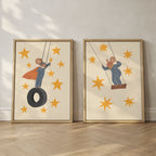 Whimsical mouse nursery wall art set featuring a mouse on a swing and a superhero mouse on a tire swing in soft neutral tones