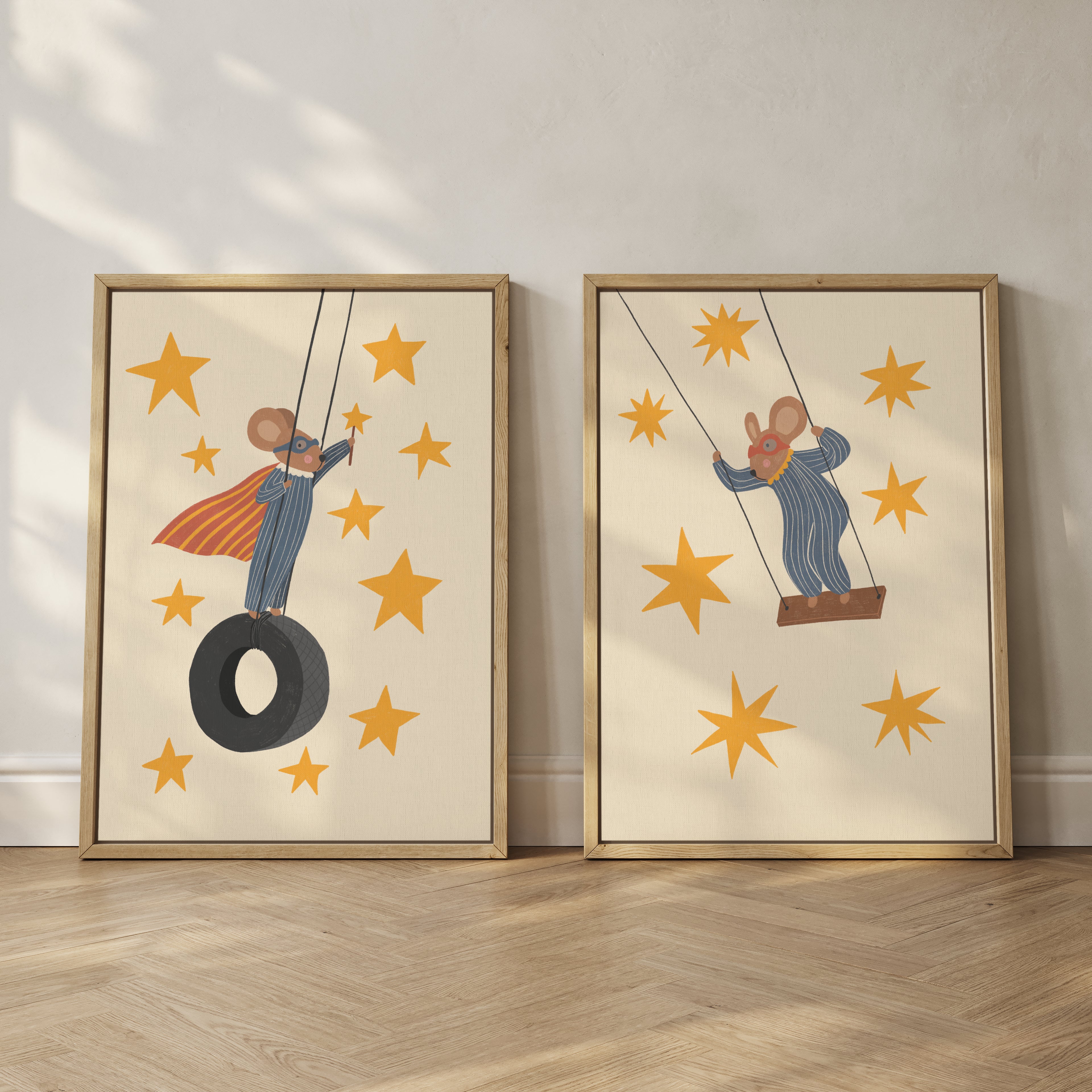 Whimsical mouse nursery wall art set featuring a mouse on a swing and a superhero mouse on a tire swing in soft neutral tones