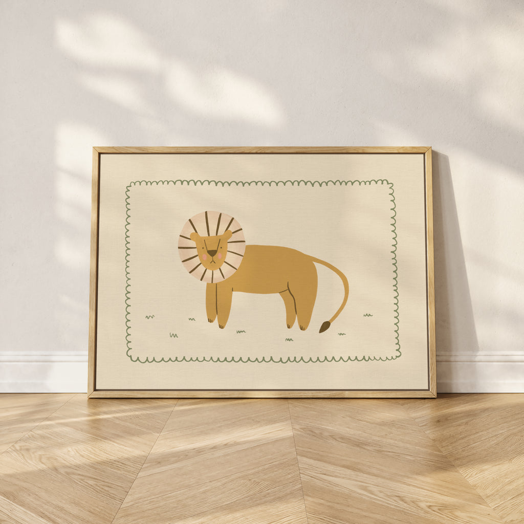 Minimalist safari-style nursery wall art featuring a Scandinavian lion illustration drawn on a soft beige background, framed with a decorative wavy border, printable digital artwork designed for safari-themed kids room, nursery, or playroom decor, creating a calm, modern, and cozy interior atmosphere.