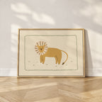 Minimalist safari-style nursery wall art featuring a Scandinavian lion illustration drawn on a soft beige background, framed with a decorative wavy border, printable digital artwork designed for safari-themed kids room, nursery, or playroom decor, creating a calm, modern, and cozy interior atmosphere.