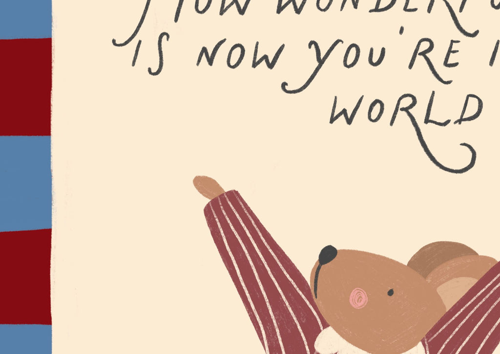 Cute storybook mouse wearing a striped outfit, standing with arms raised and pointing toward the quote "How wonderful life is now you're in the world". Beige background with a blue and burgundy gingham-style border, printable nursery wall art.