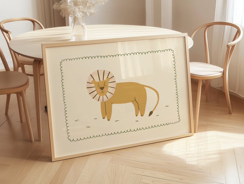Minimalist safari-style nursery wall art featuring a Scandinavian lion illustration drawn on a soft beige background, framed with a decorative wavy border, printable digital artwork designed for safari-themed kids room, nursery, or playroom decor, creating a calm, modern, and cozy interior atmosphere.