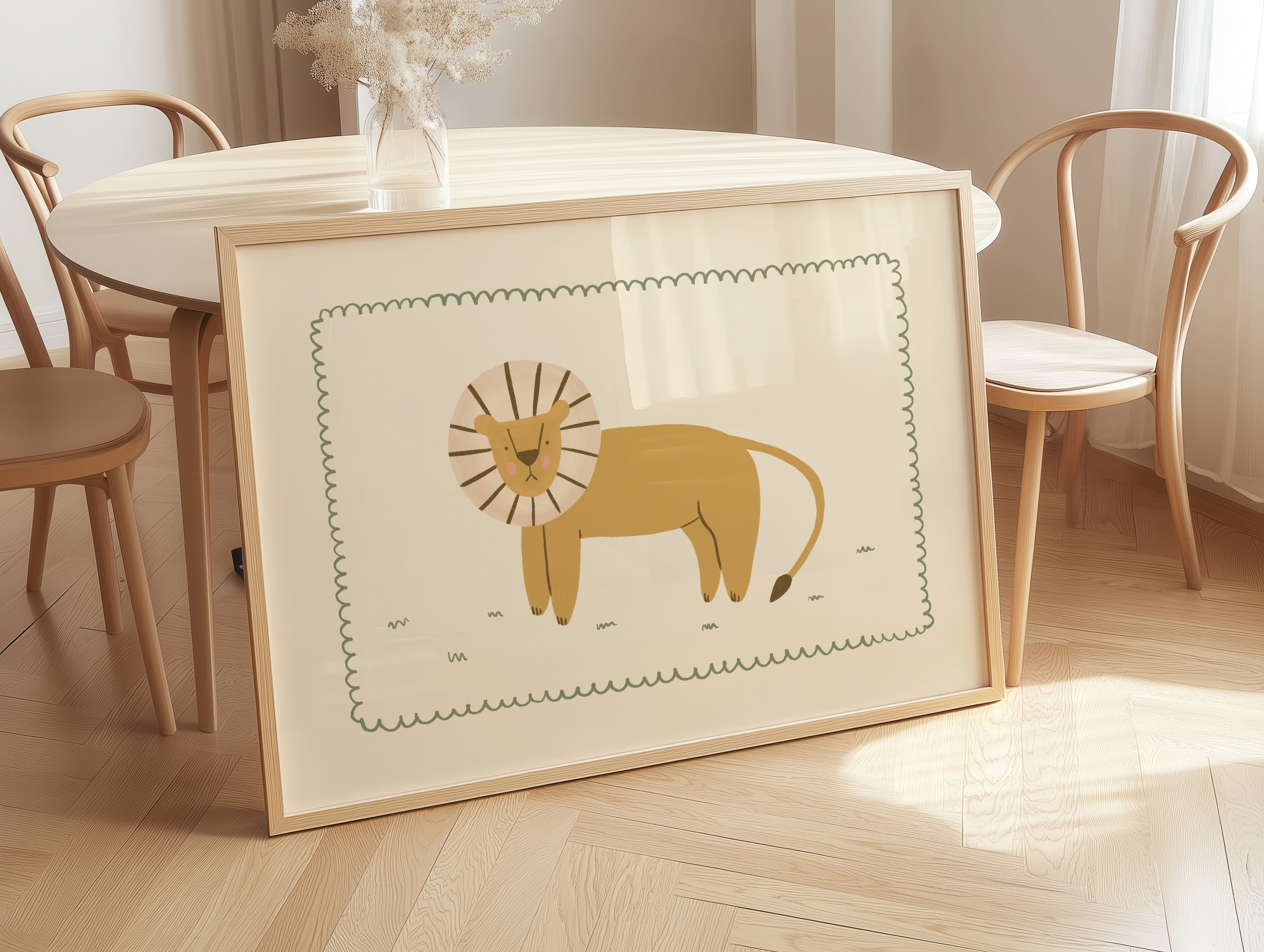 Minimalist safari-style nursery wall art featuring a Scandinavian lion illustration drawn on a soft beige background, framed with a decorative wavy border, printable digital artwork designed for safari-themed kids room, nursery, or playroom decor, creating a calm, modern, and cozy interior atmosphere.
