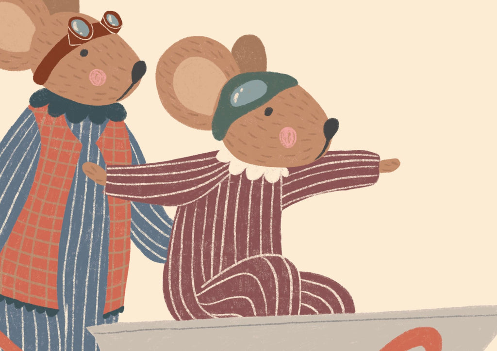 Whimsical nursery wall art featuring two mice wearing aviator goggles, one pushing a wheelbarrow while the other rides inside with arms outstretched, on a soft beige background.
