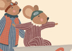 Whimsical nursery wall art featuring two mice wearing aviator goggles, one pushing a wheelbarrow while the other rides inside with arms outstretched, on a soft beige background.