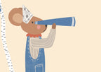 Whimsical nursery wall art featuring a little mouse standing in a handmade toy boat, wearing a paper hat and looking through binoculars toward the horizon, adventure-themed children's illustration.